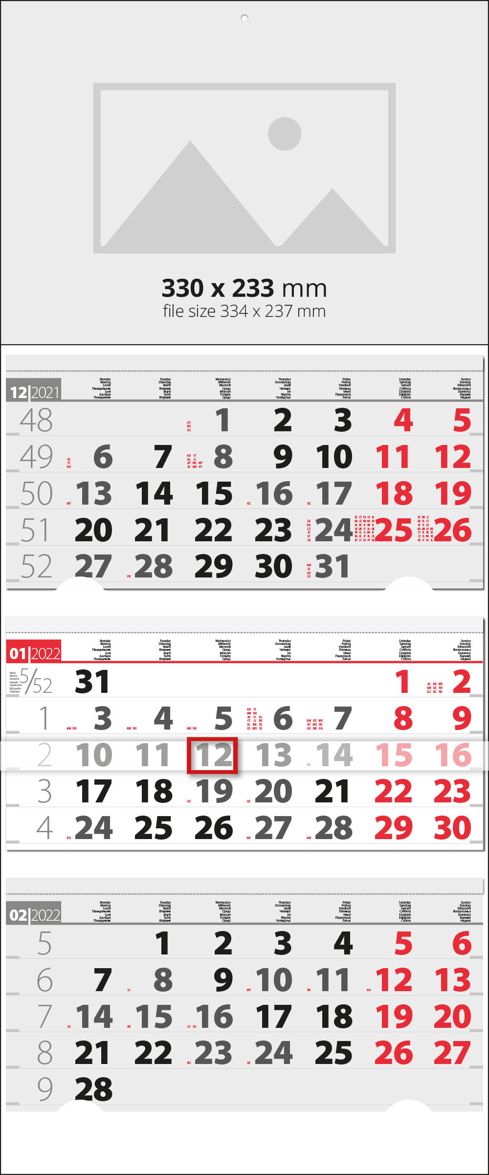 Multi 3 month calendars Ellite GREY-RED