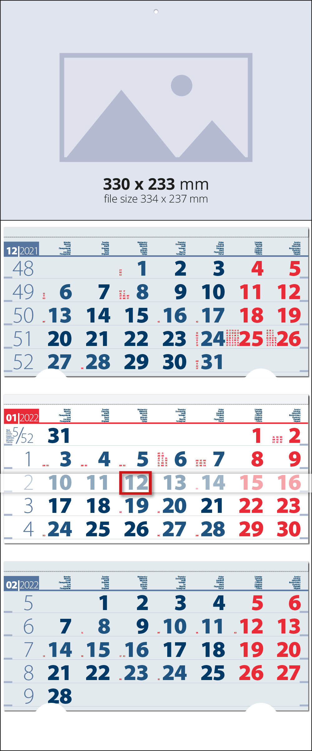 Multi 3 month calendars BLUE-RED