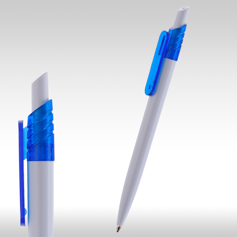 рекламни химикалки 9008 бяла рекламна химикалка със син клипс,